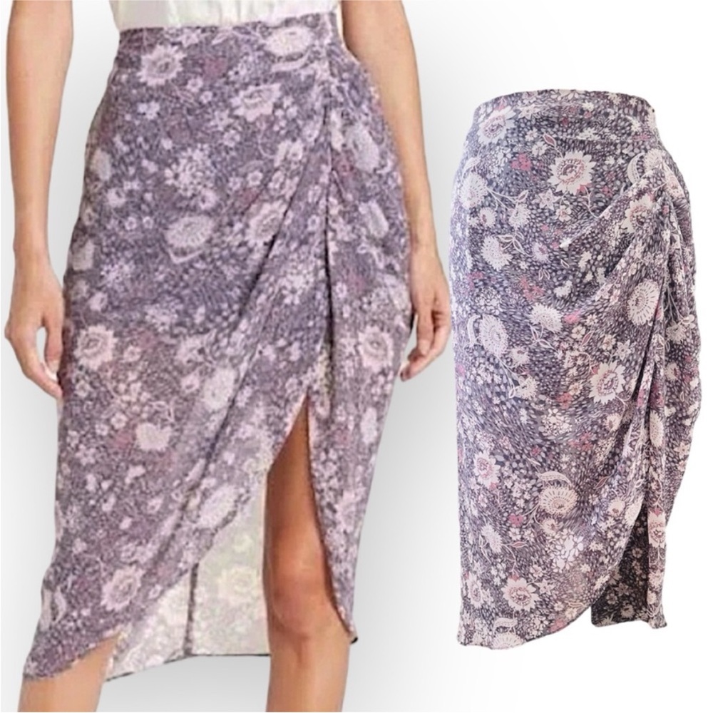Drew Anthropologie Faux Wrap Ruched Slit Floral Skirt Retail $196